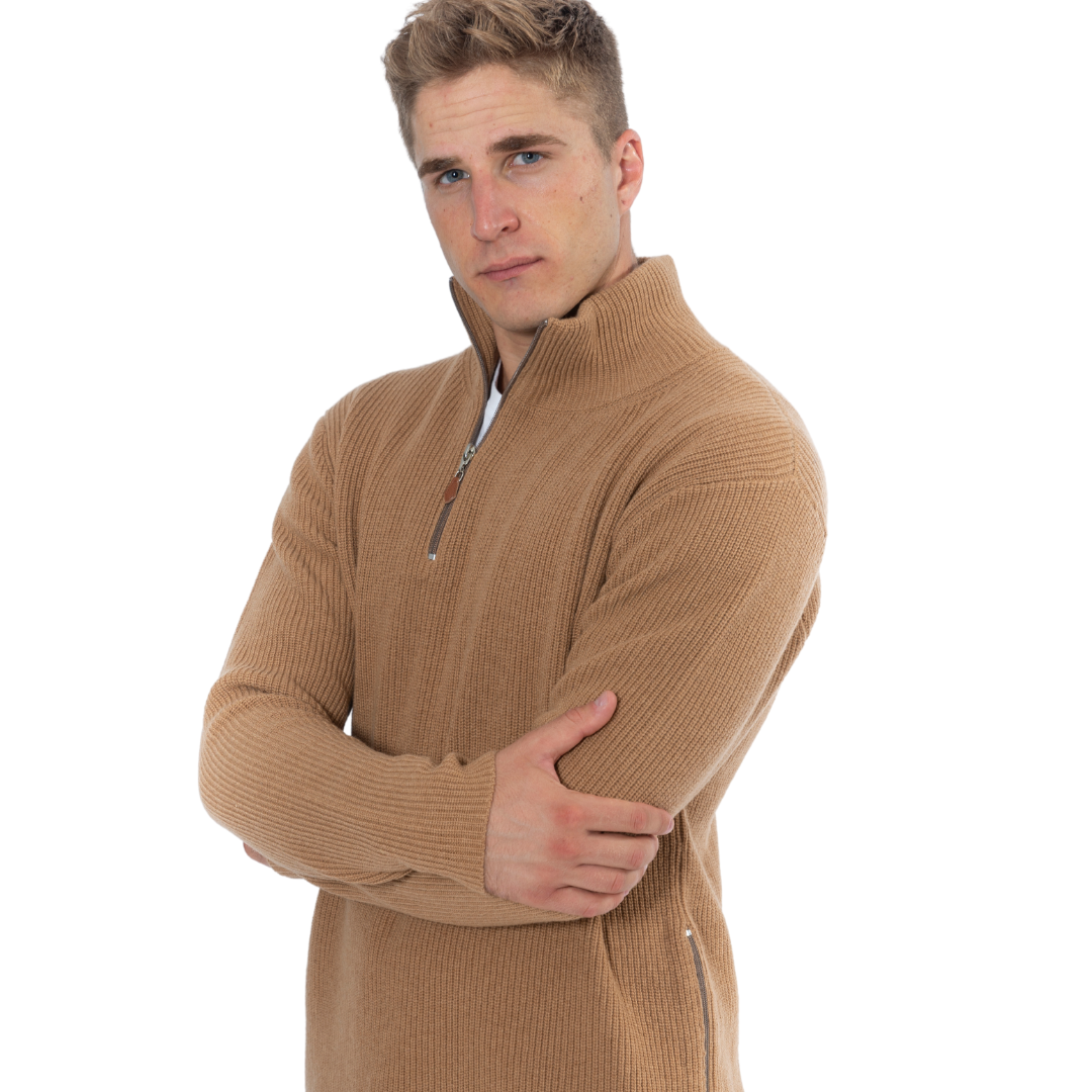 Men's Merino Wool Sweatshirt with Short Zip Sand