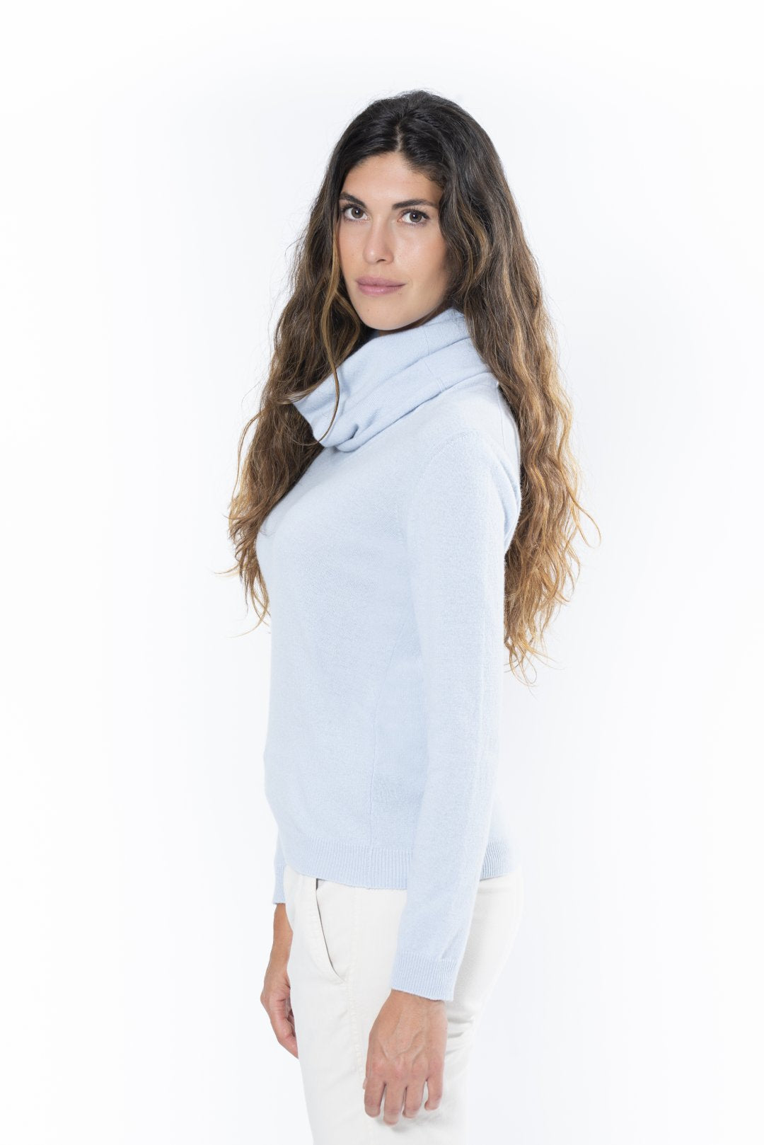 Women's Turtleneck 100% Cashmere Light Blue Ring Neck