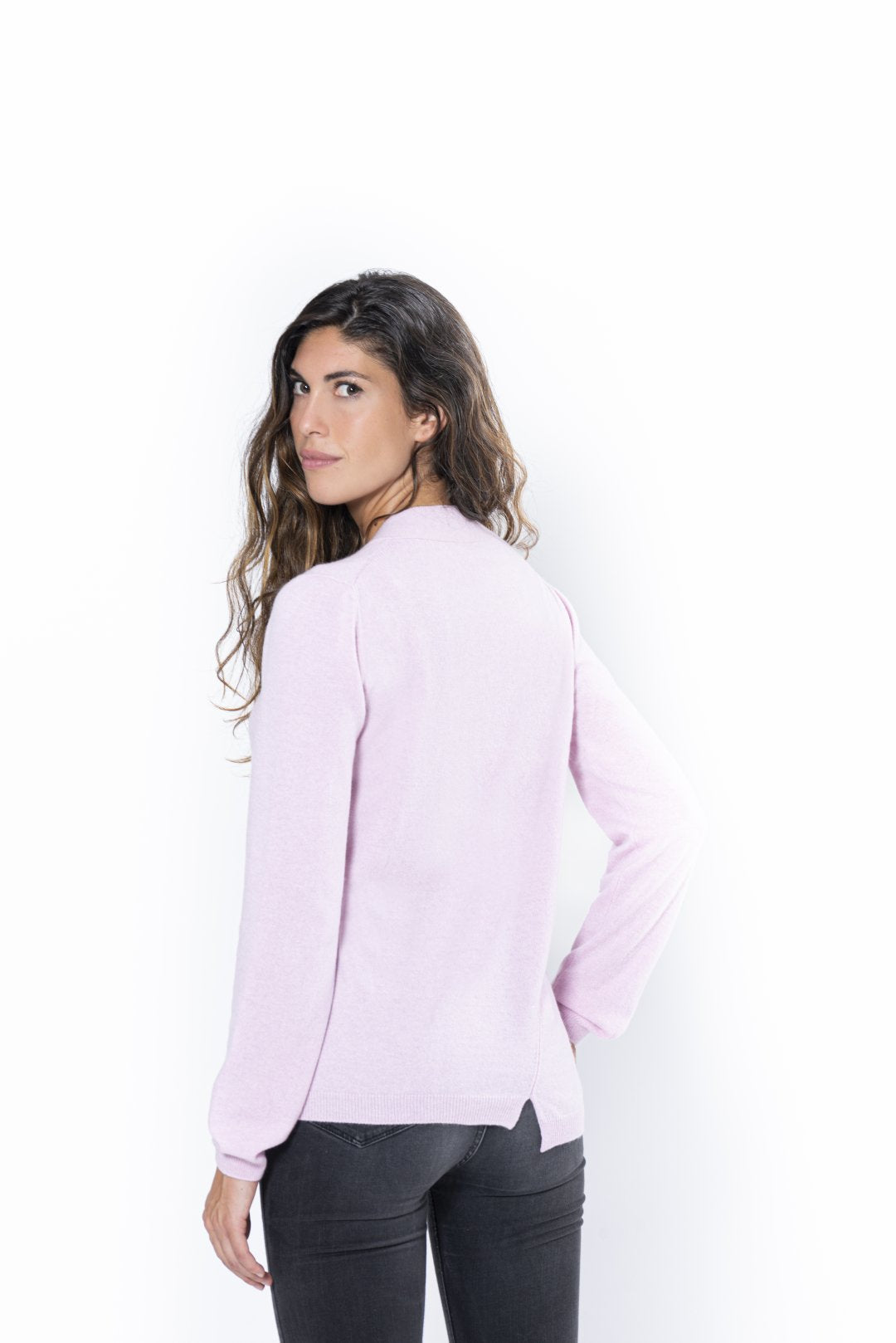 Asymmetric Cardigan in Extrafine Merino Wool and Pink Cashmere