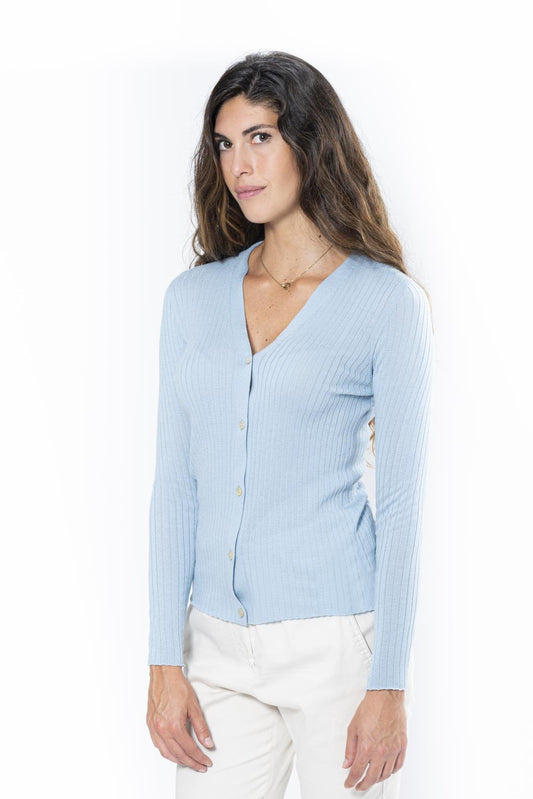 Light blue ribbed pure wool cardigan with V-neck