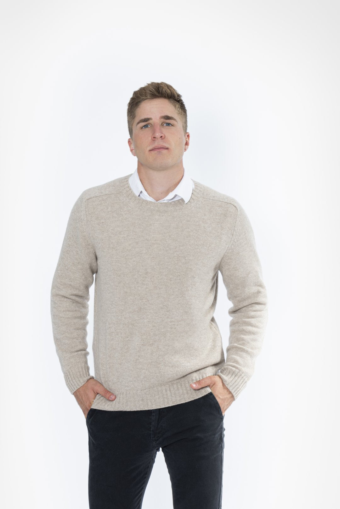 Crewneck with Saddle Shoulder in 100% Gray Cashmere