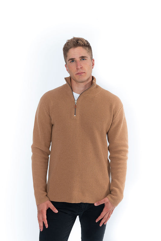 Merino Wool Sweatshirt with Short Zip Sand
