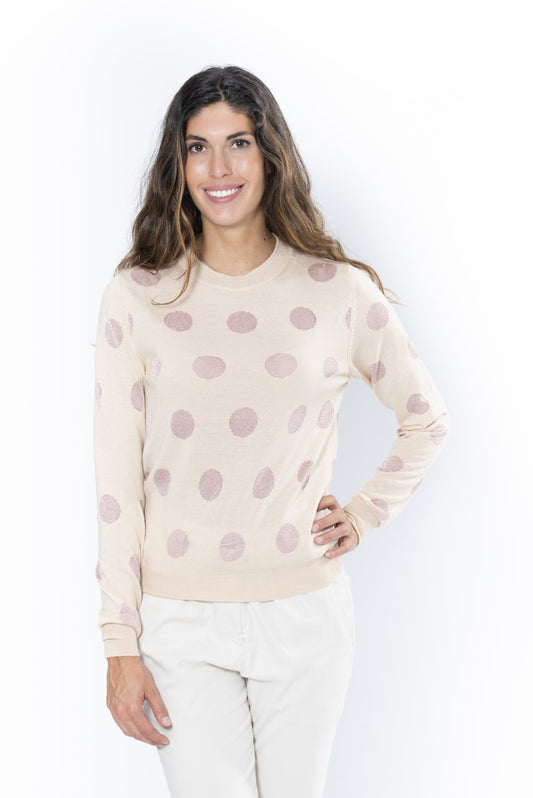 Lurex crewneck in extrafine wool and elite with pink polka dot pattern