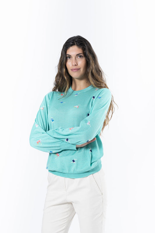 Jaipur crewneck with flower inlay in light blue cashmere and silk