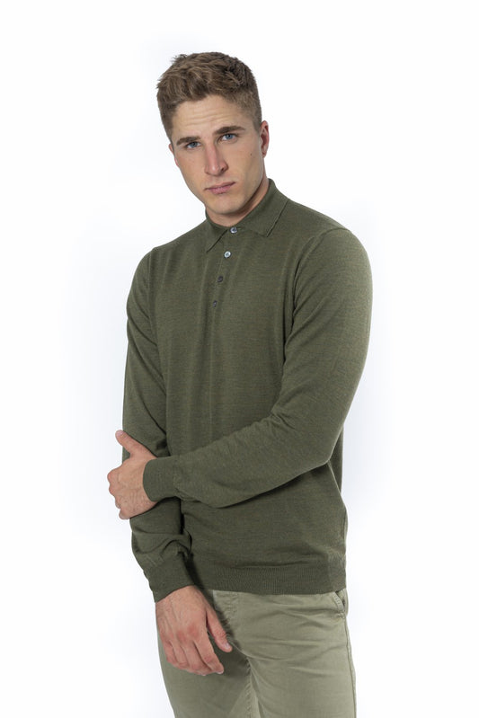 Military Green 100% Cashmere Polo Shirt with Buttons