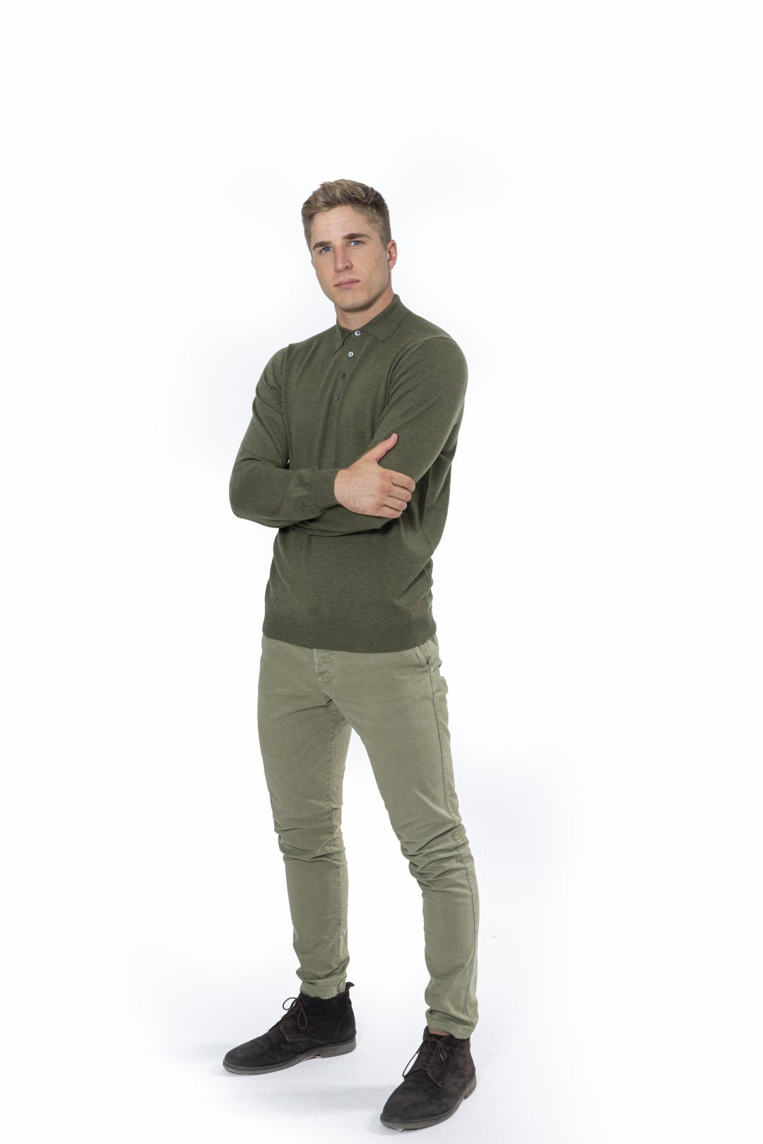 Military Green 100% Cashmere Polo Shirt with Buttons