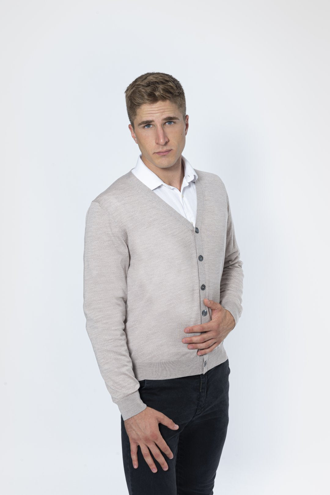 Merino Wool Cardigan with V-Neck and Light Gray Buttons